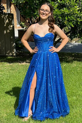 Royal Blue Glitter Cowl Neck Corset  Lace-Up Bodice A-Line Long Prom Dress - DollyGown